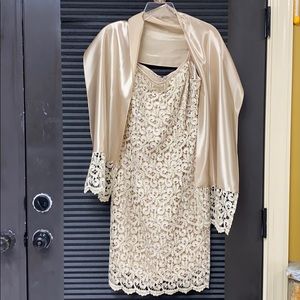Golden lace midi dress with matching scarf